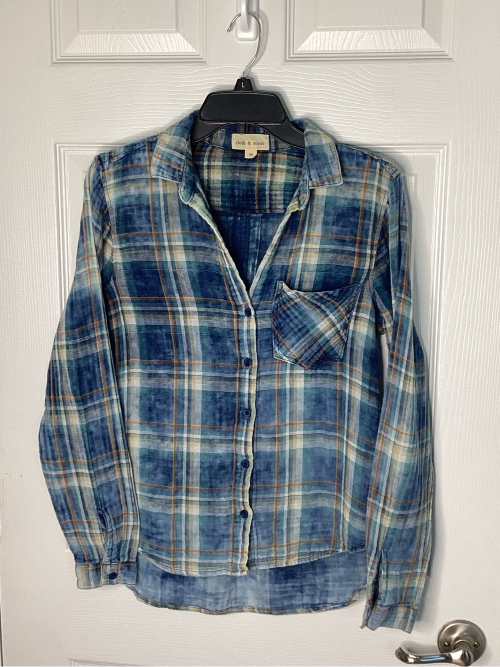 cloth & stone Blue Plaid Button-Down Shirt with Tan Accents